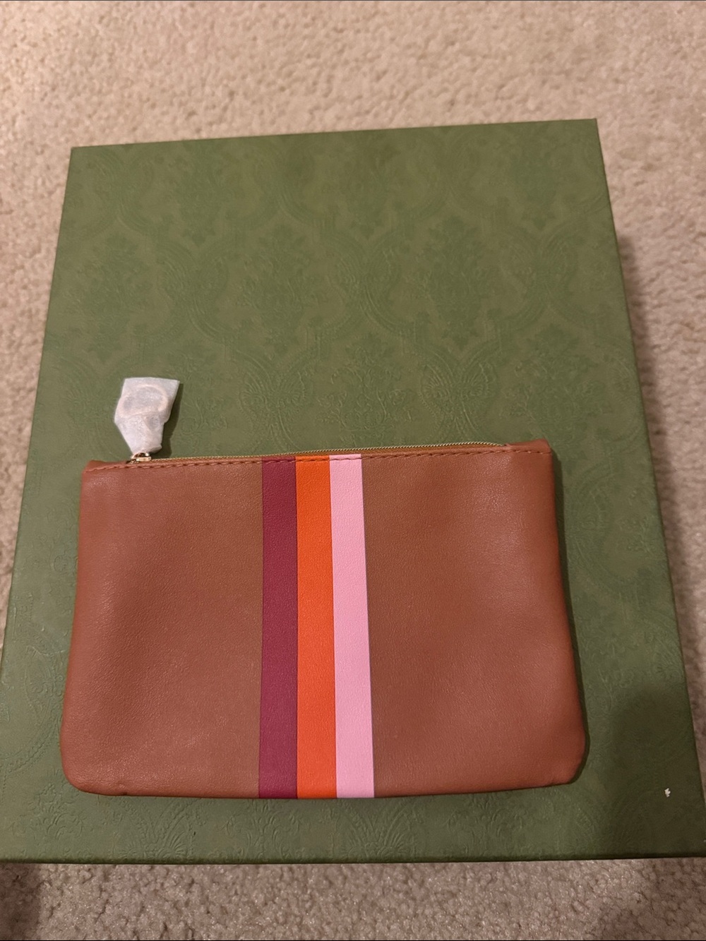 Leather Stripe Wristlet Clutch in Brown with Pink & Orange Accents